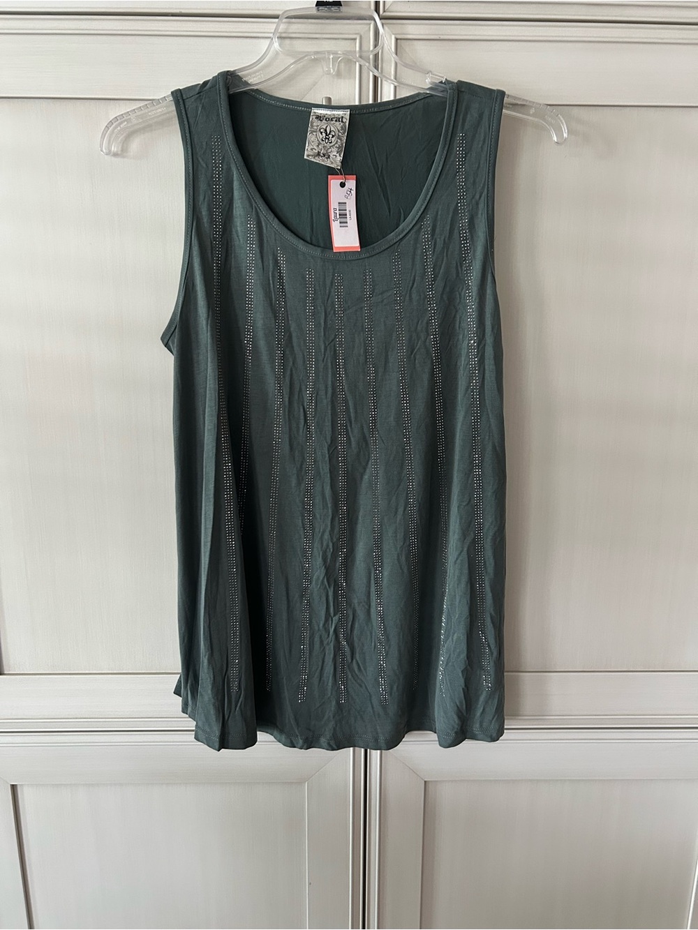 Vocal Green Sleeveless Tank with Vertical Crystal Accents
